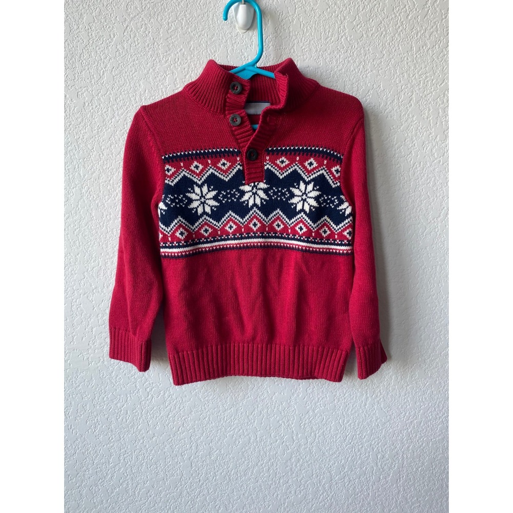 The Children's Place Boys Fair Isle Festive Mock Neck Sweater Size 2T Red Navy